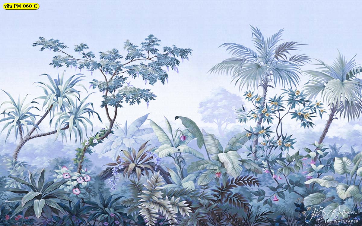 วอลเปเปอร์ภาพวาดลายสวนป่ายุโรปโทนสีฟ้า ภาพสั่งพิมพ์ วอลเปเปอร์สวนป่ายุโรป
