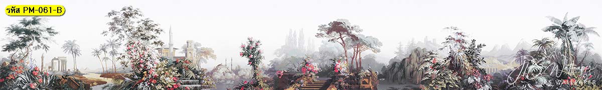 วอลเปเปอร์ภาพวาดปราสาทในสวนป่าย้อนยุค แบบพาโนรามาโทนสีเทา