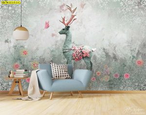 ห้องนั่งเล่นโซฟาสีฟ้า สดใสน่ารัก ตกแต่งผนังลายกวางพร้อมดอกไม้สวยงาม