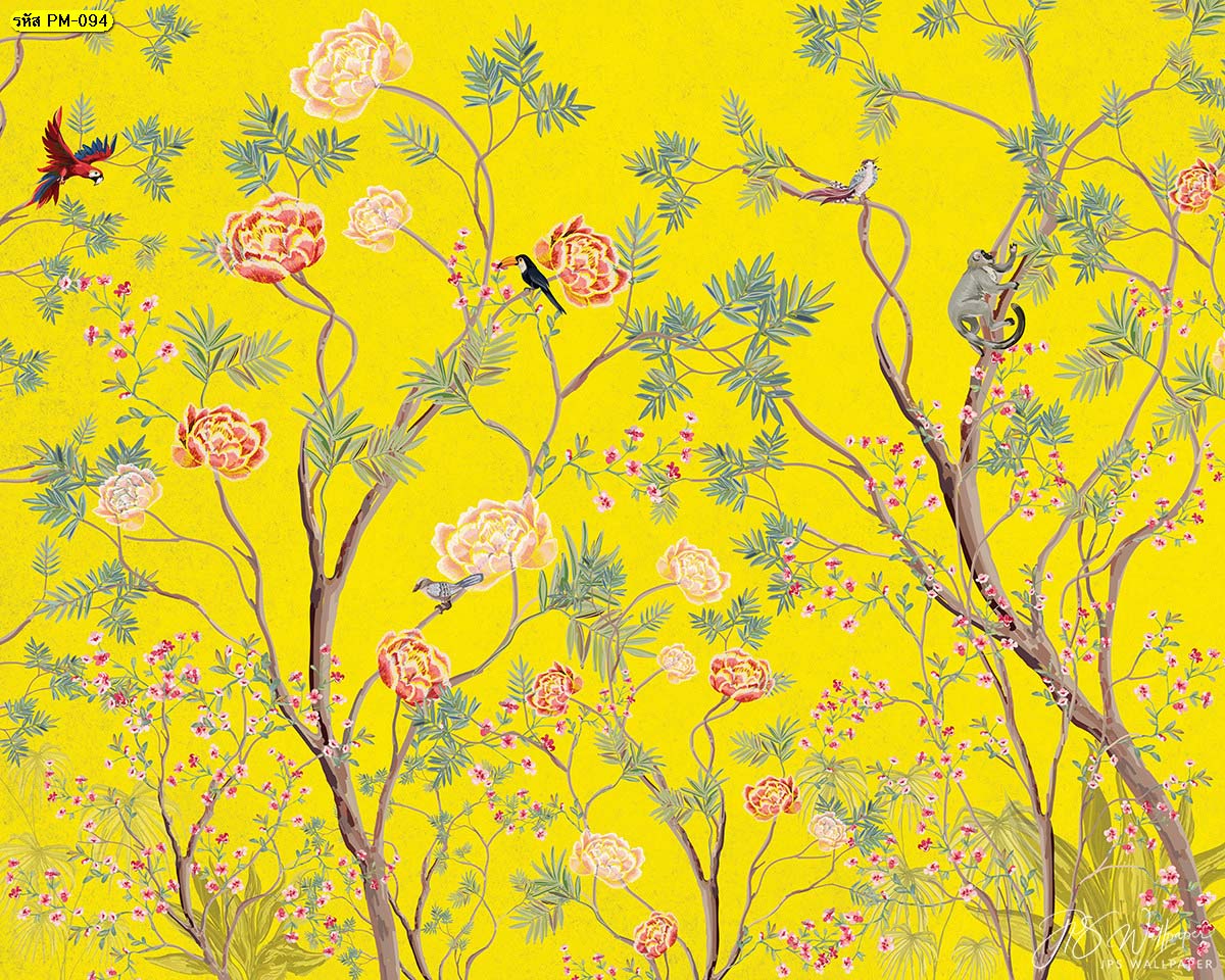 วอลเปเปอร์กิ่งดอกไม้พื้นหลังสีเหลือง ภาพติดผนังดอกไม้วินเทจ วอลเปเปอร์กิ่งดอกไม้