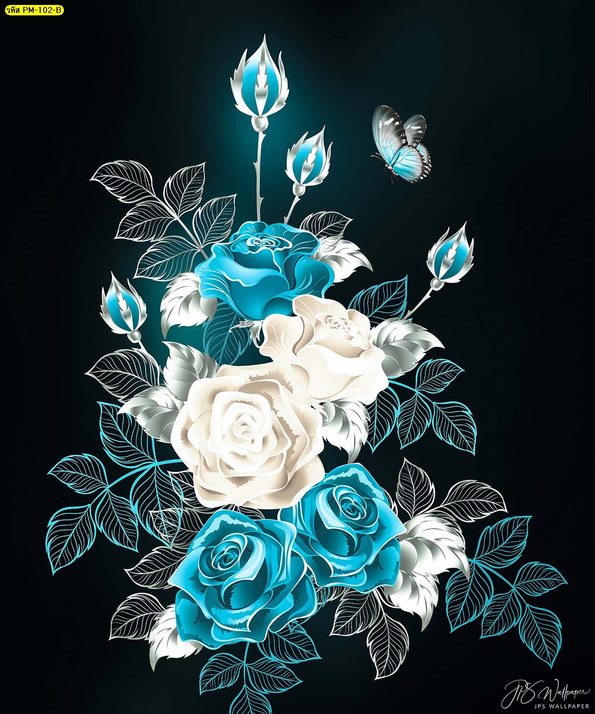 วอลเปเปอร์ช่อดอกไม้สีขาวฟ้าและผีเสื้อ ช่อดอกไม้วินเทจ วอลเปเปอร์ธรรมชาติ