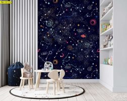 กระตุ้นและเสริมสร้างจินตนาการด้วยสีสันในห้องเล่นเด็ก วอลเปเปอร์การ์ตูนอวกาศพื้นสีดำ