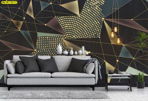 วอลเปเปอร์ลายเส้นและจุดสีทอง Abstract Wallpaper ไอเดียแต่งห้องนั่งเล่นเท่ๆ abstract design