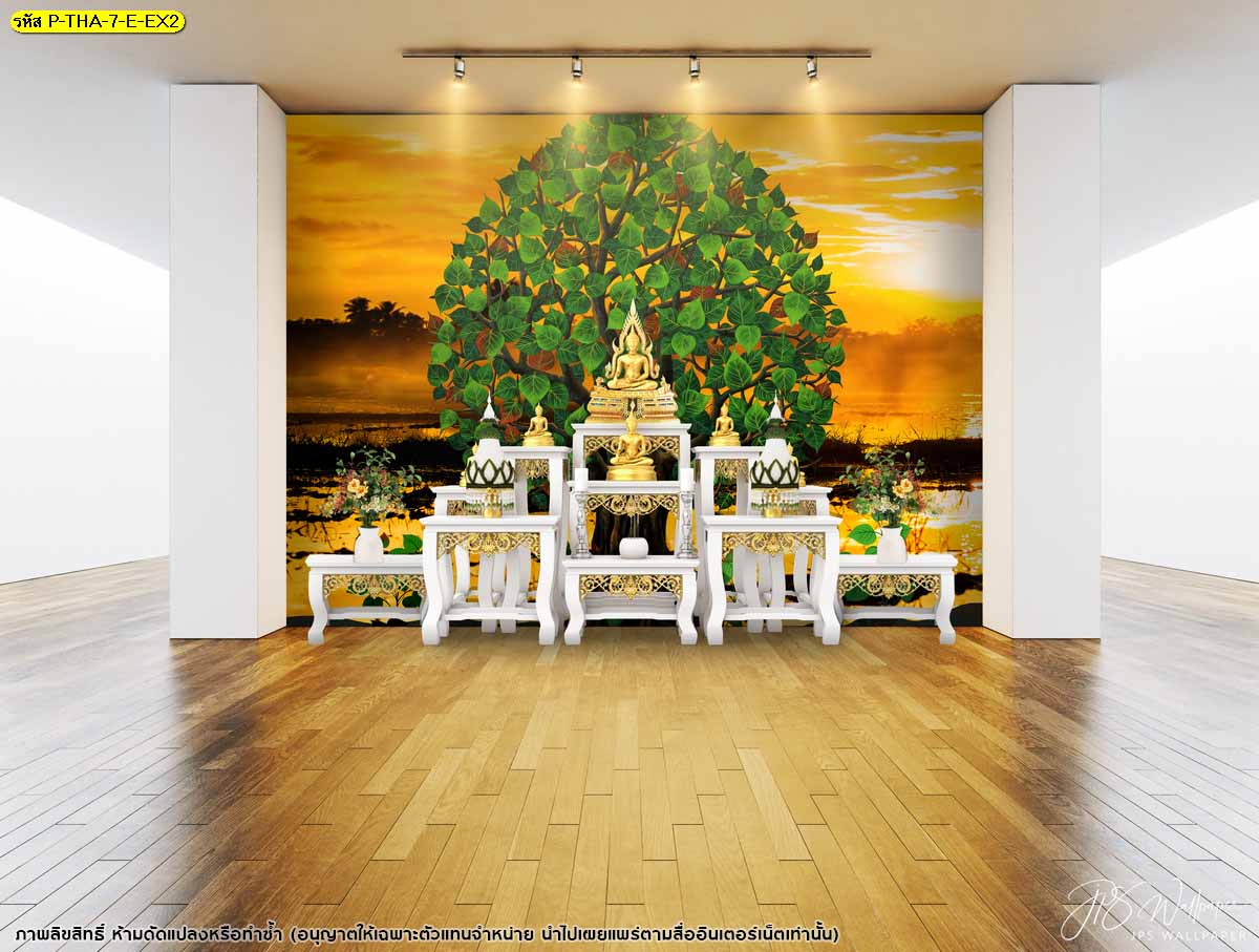 ฉากหลังโต๊ะหมู่บูชาตกแต่งวอลเปเปอร์ต้นโพธิ์พื้นหลังท้องฟ้าสีทองสวยอร่ามตา