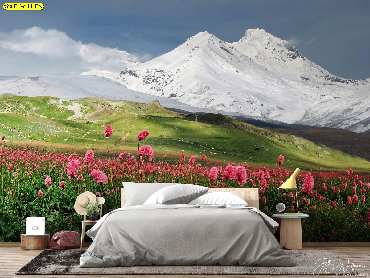 วอลเปเปอร์สั่งทำติดบ้านภาพถ่ายดอกไม้ ดอกไม้สีชมพูบนภูเขา ตกแต่งห้องนอน