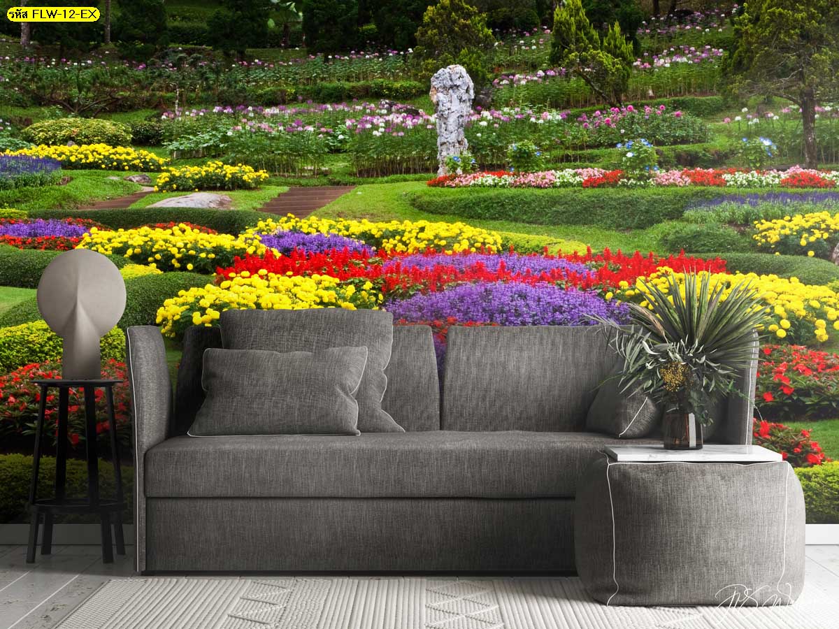 วอลเปเปอร์ออกแบบเองได้ภาพถ่ายดอกไม้ สวนดอกไม้คละชนิด มุมพักผ่อนในบ้าน