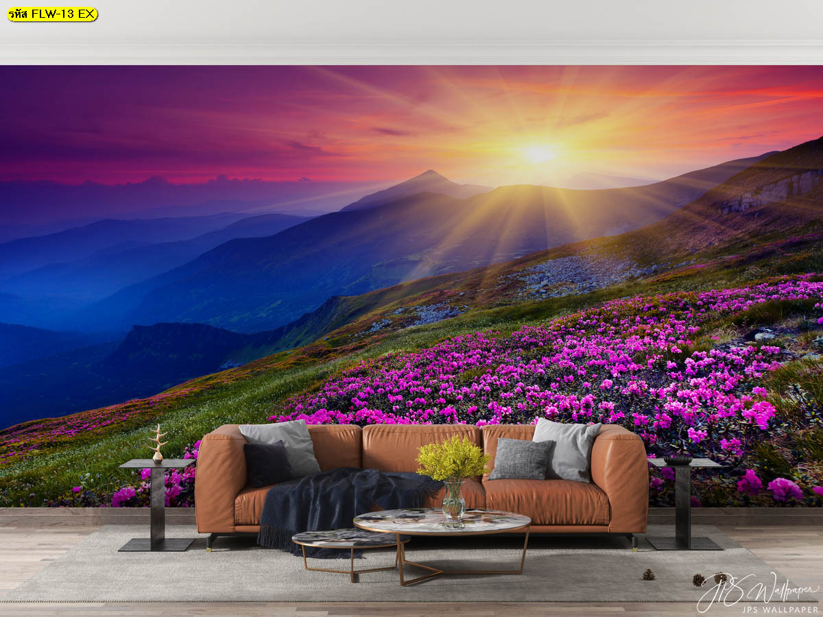 ตกแต่งผนังบ้านภาพถ่ายดอกไม้ ดอกไม้สีชมพูบนภูเขา มุมพักผ่อนวิวธรรมชาติ