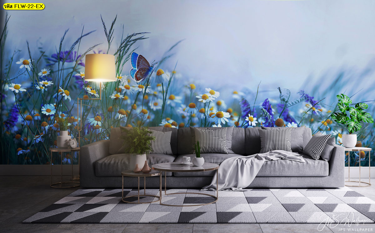 วอลเปเปอร์ออกแบบเองได้ภาพถ่ายดอกไม้ สวนดอกไม้สีขาวเล็กๆ แต่งมุมพักผ่อนในบ้าน