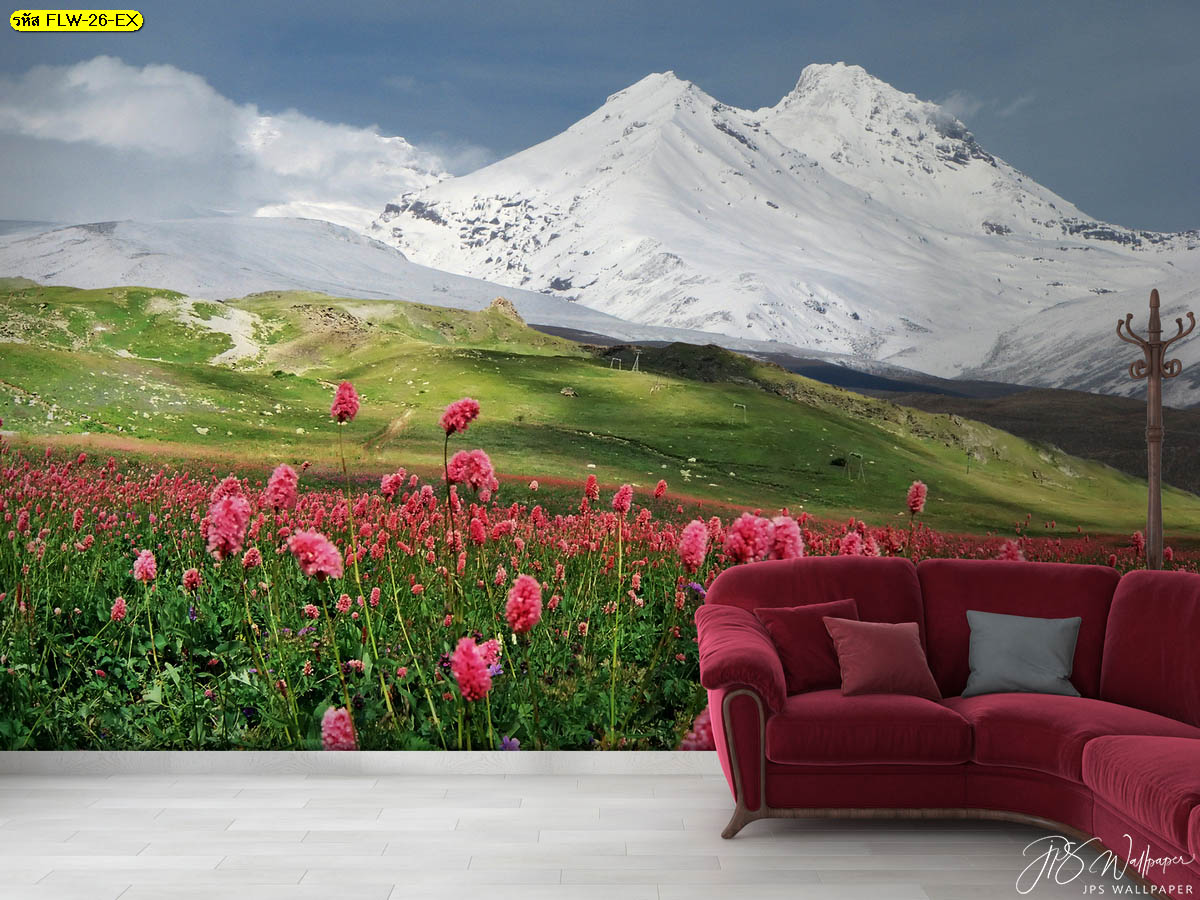 วอลเปเปอร์ติดผนังภาพถ่ายดอกไม้ ดอกไม้สีชมพูบนภูเขา มุมนั่งเล่นในบ้าน
