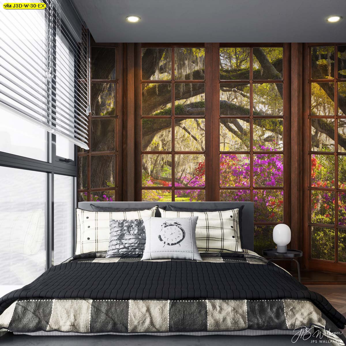 ห้องนอนสไตล์สวนป่า แต่งห้องนอนสวยๆด้วยตนเอง วอลเปเปอร์สามมิติลายหน้าต่างไม้วิวสวนดอกไม้ในป่า