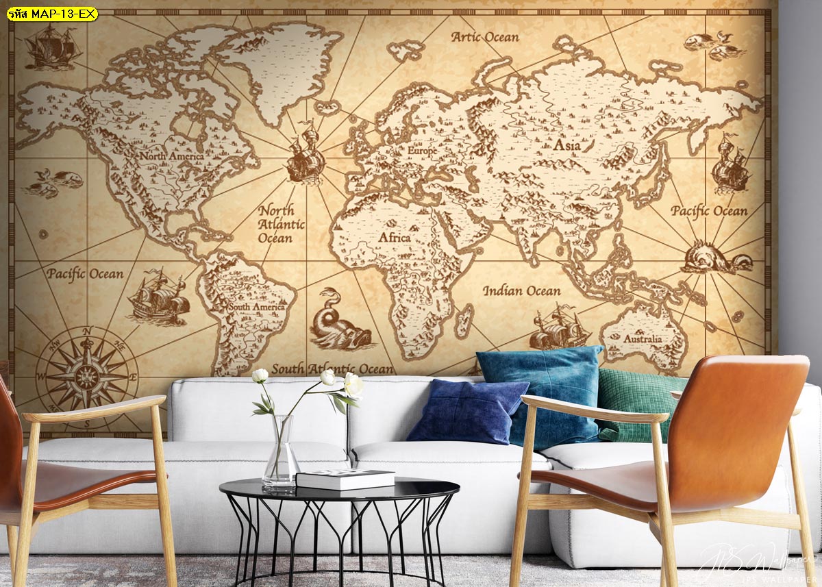 วอลเปเปอร์สั่งพิมพ์แผนที่โลก แผนที่โลกวินเทจ แผนที่โลกสีน้ำตาลอ่อนในห้องนั่งเล่น