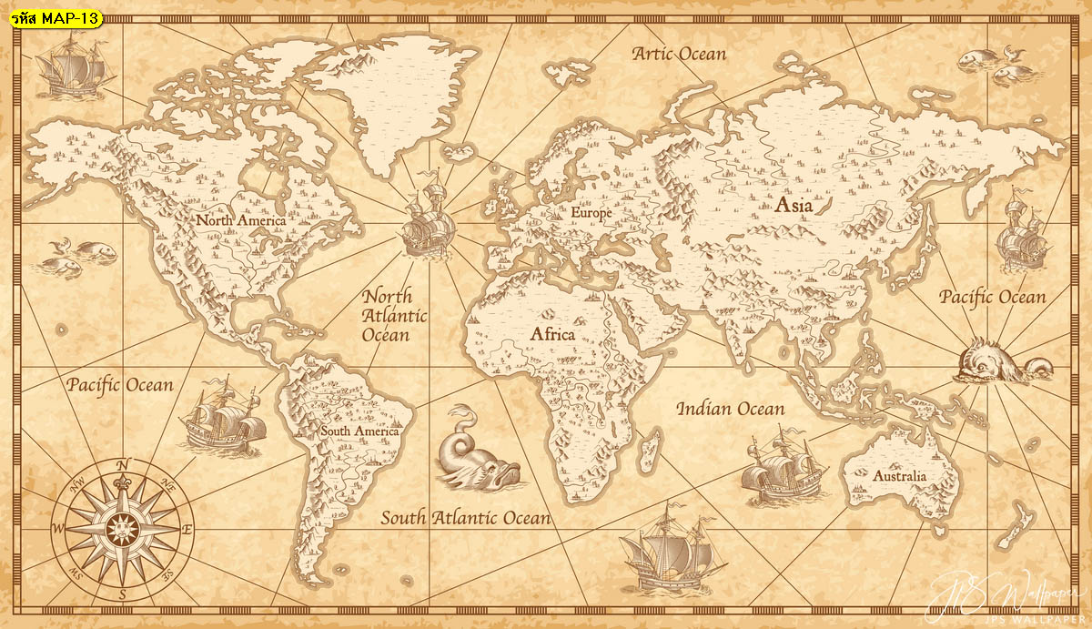 วอลเปเปอร์สั่งพิมพ์แผนที่โลก แผนที่โลกวินเทจ แผนที่โลกสีน้ำตาลอ่อน