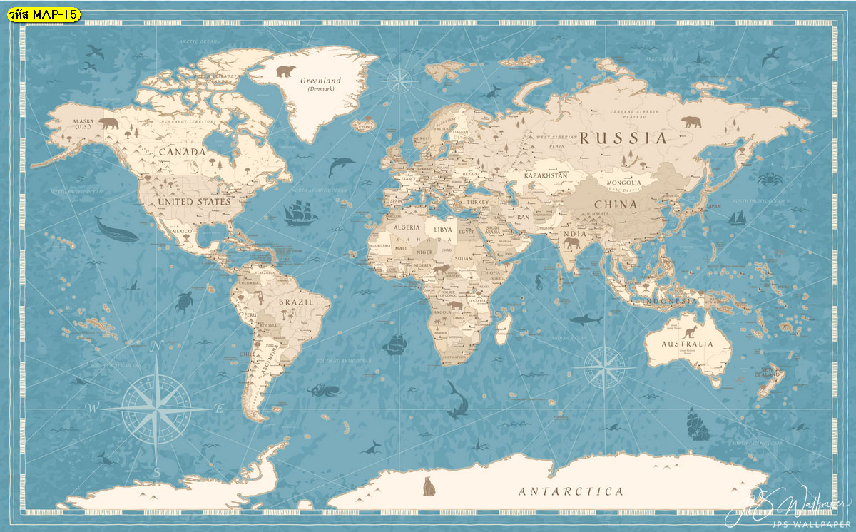 วอลเปเปอร์สั่งปริ้นแผนที่ แผนที่โลกสีฟ้าและสีเบจ แผนที่โลกสีสดใส