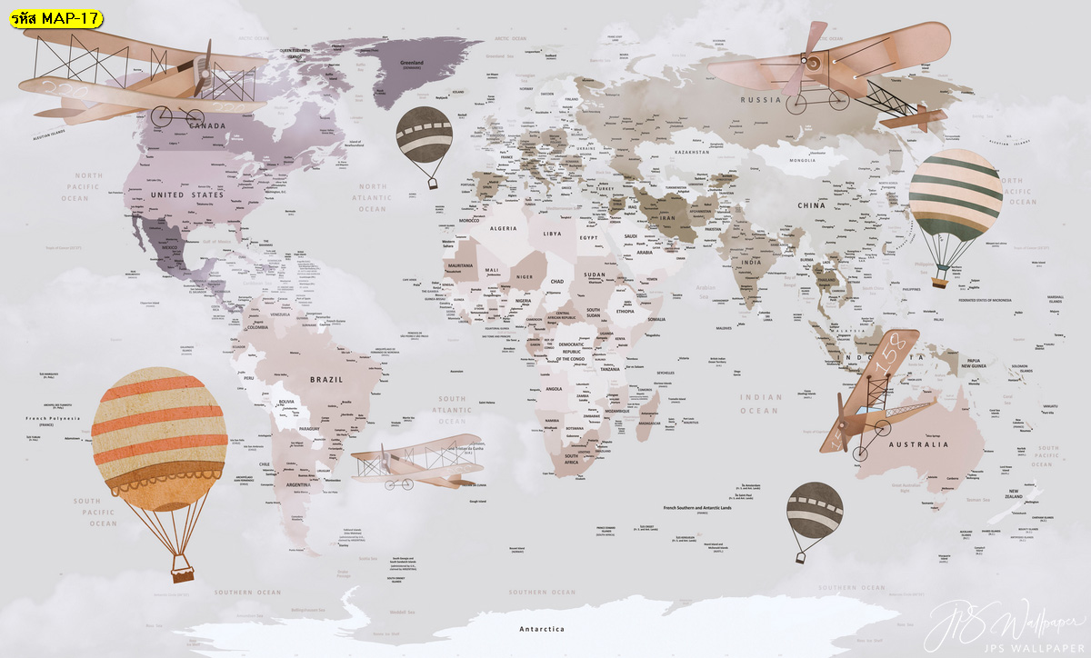 สั่งทํารูปแผนที่ติดผนัง แผนที่โลกที่มีเครื่องบินและบอลลูน แผนที่โลกเด็ก