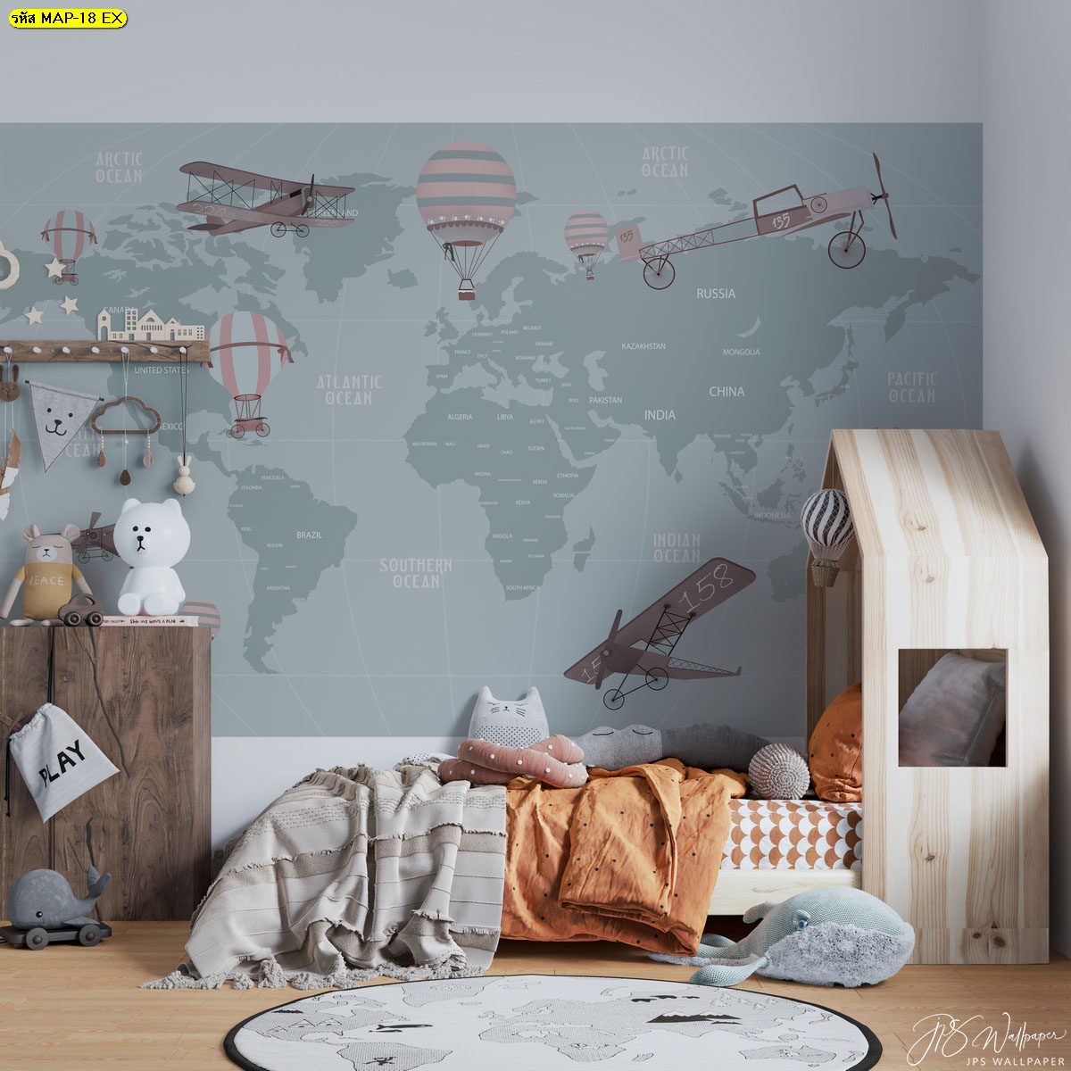 ภาพแผนที่ติดผนัง แผนที่โลกที่มีเครื่องบินและบอลลูน แผนที่โลกแต่งห้องนอนเด็กน่ารักๆ