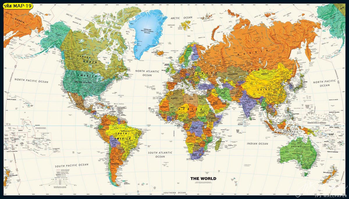 แต่งบ้านภาพแผนที่สั่งทำ แผนที่โลกกรอบสีดำ แผนที่โลกสีสดใสพื้นสีครีมกรอบสีดำ
