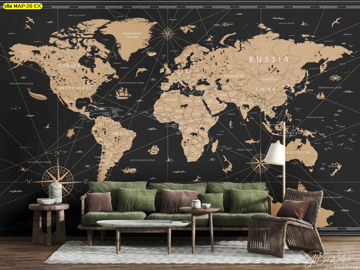 รูปภาพแผนที่สั่งทำติดผนัง แผนที่โลกวินเทจสีดำ แผนที่โลกเท่ๆ แต่งห้องเท่แผนที่โลก