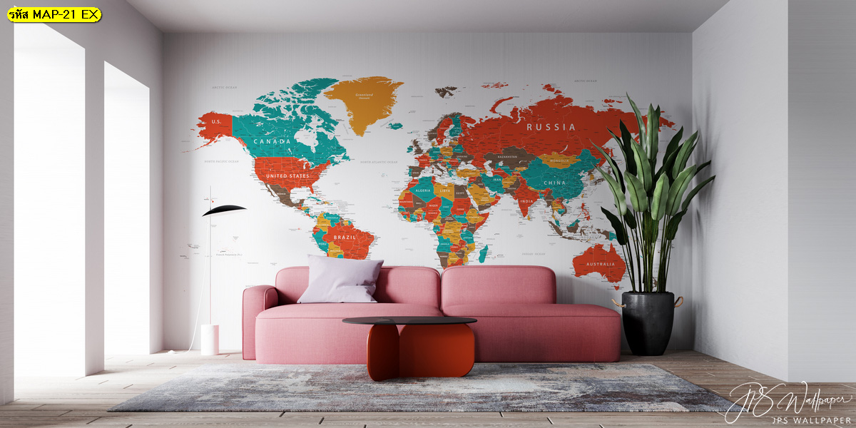 ภาพแผนที่สั่งพิมพ์ติดผนัง แผนที่โลกสีสันพื้นขาว แผนที่โลกสีสดใสประดับห้องนั่งเล่น