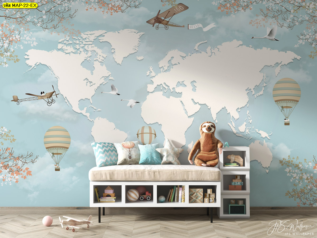 ภาพแผนที่ติดผนังน่ารักๆ แผนที่โลกสีฟ้าลายเครื่องบินและบอลลูน แผนที่โลกแต่งห้องสำหรับเด็ก