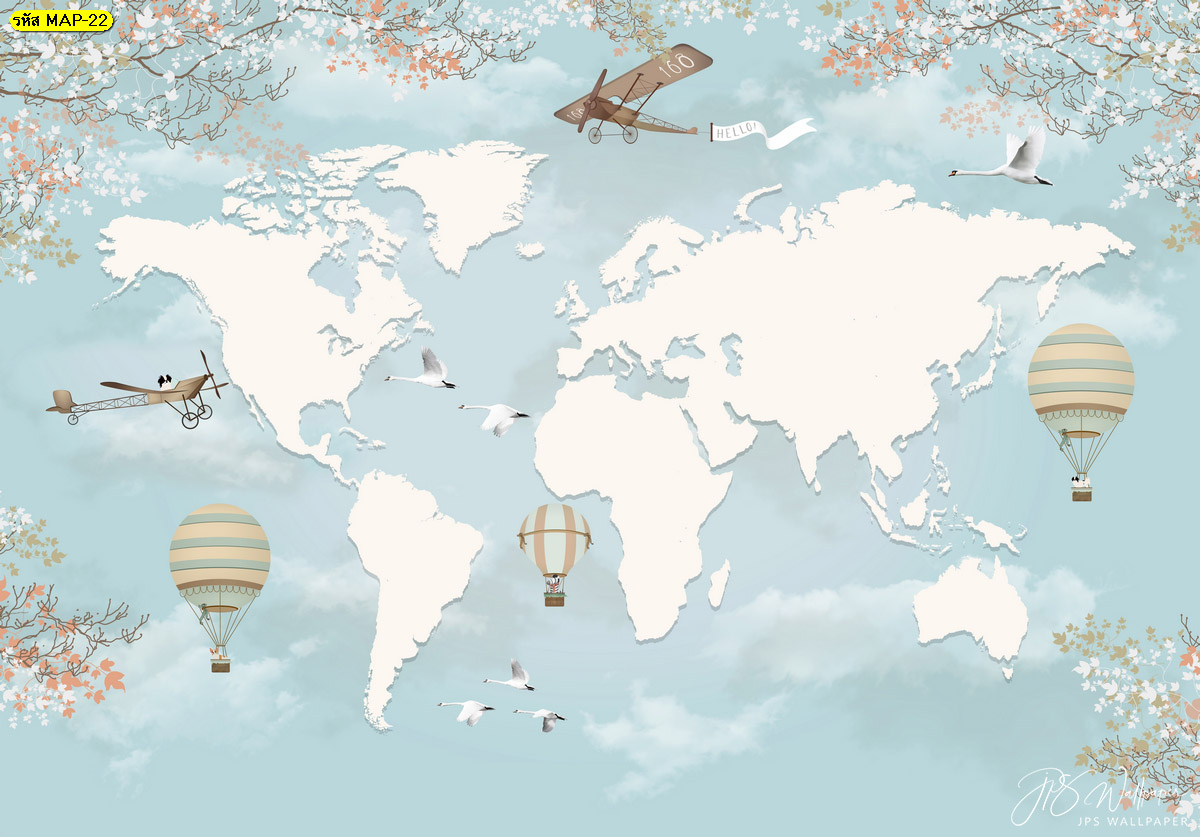 ภาพแผนที่ติดผนัง แผนที่โลกสีฟ้าลายเครื่องบินและบอลลูน แผนที่โลกสำหรับเด็ก
