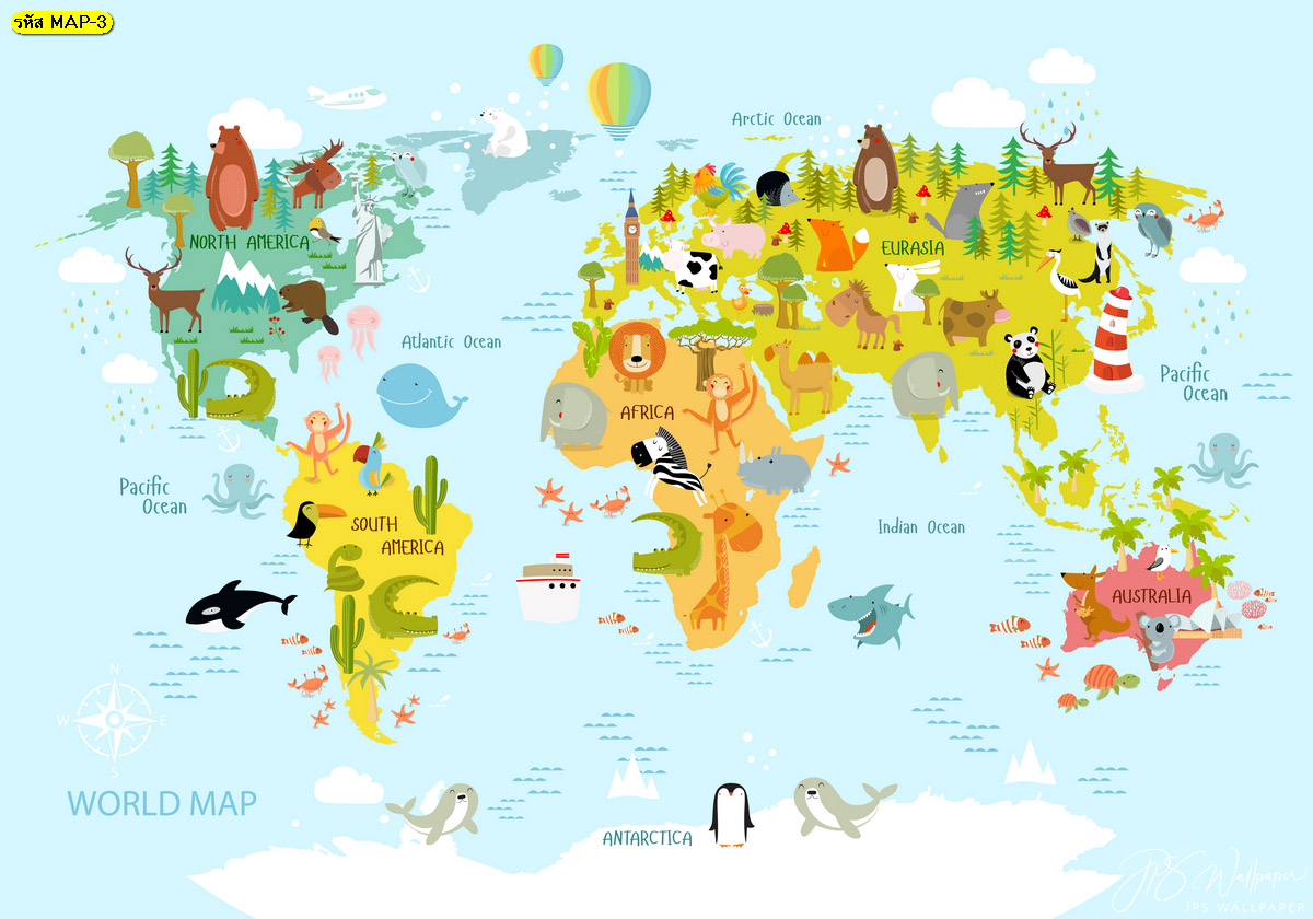 วอลเปเปอร์สั่งพิมพ์แผนที่ แผนที่โลกเด็ก แผนที่โลกรูปสัตว์ วอลเปเปอร์แผนที่โลก