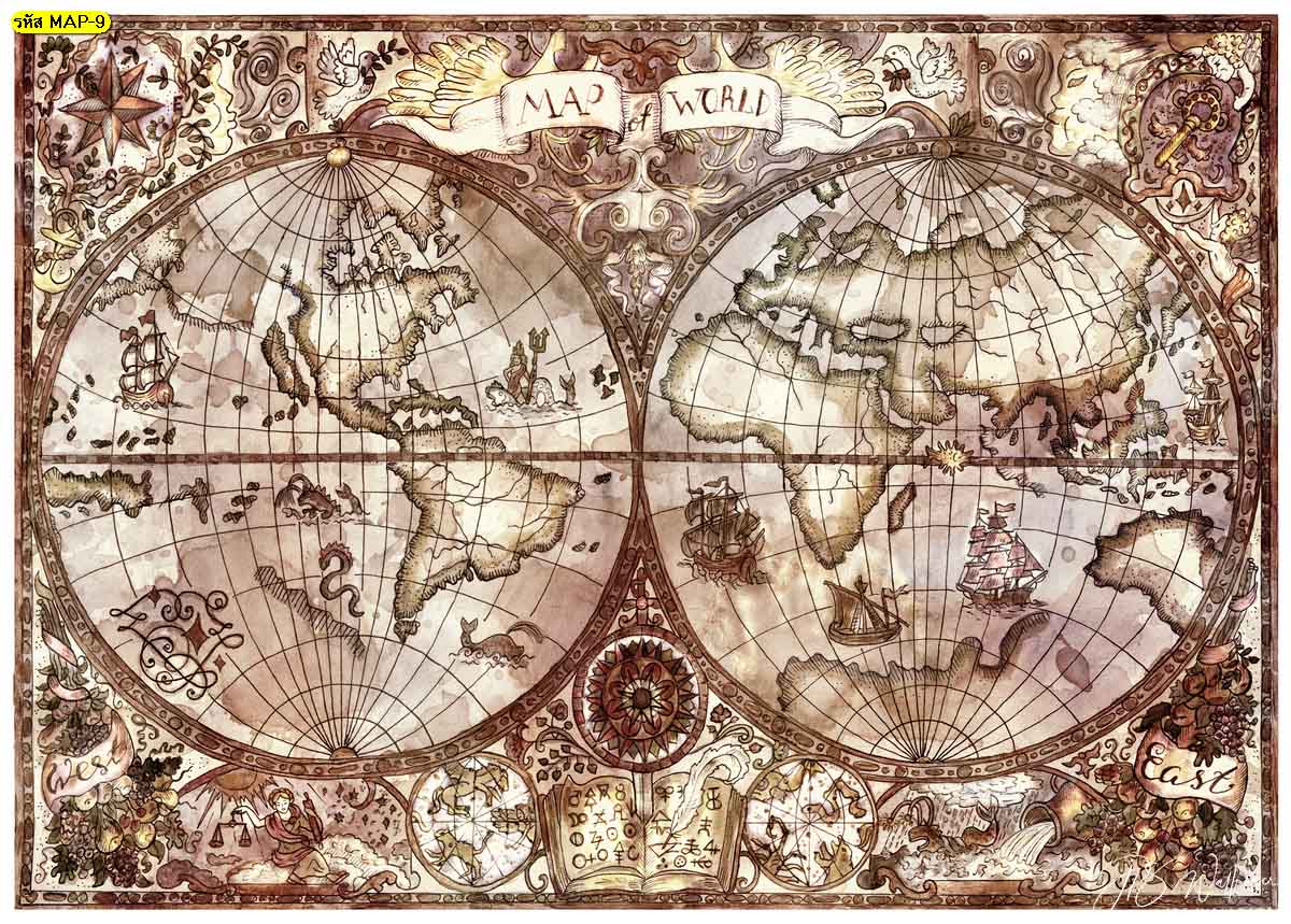 วอลเปเปอร์สั่งตัดแผนที่โลก แผนที่โลกบนกระดาษสีน้ำตาลแดง