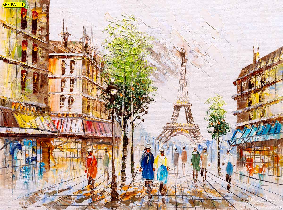 วอลเปเปอร์ภาพวาดถนนคนเดินวิวปารีส ภาพสั่งทำติดผนังตามขนาด ภาพวาดสีน้ำมัน