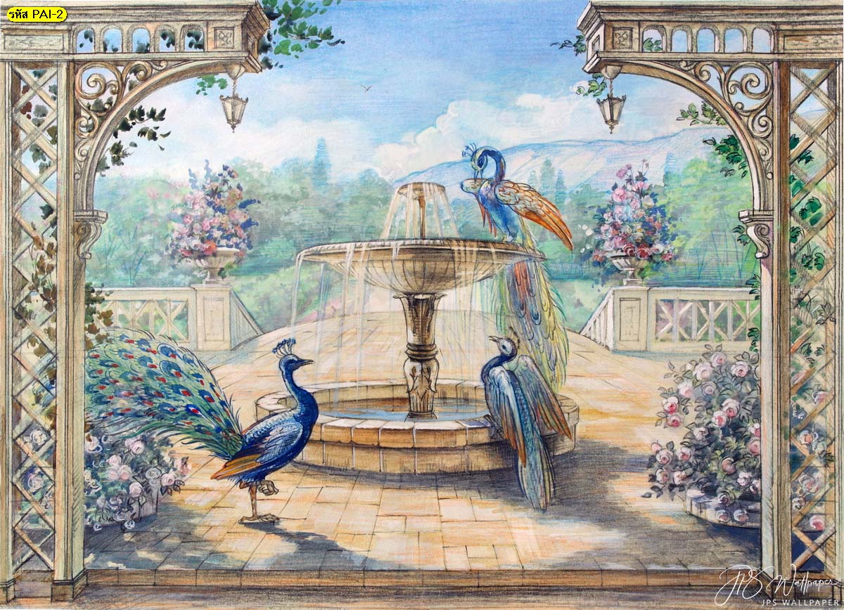 วอลเปเปอร์ติดผนังภาพวาดนกยูงในสวน วอลเปเปอร์ภาพวาดสามมิติ ภาพวาดนกยูง