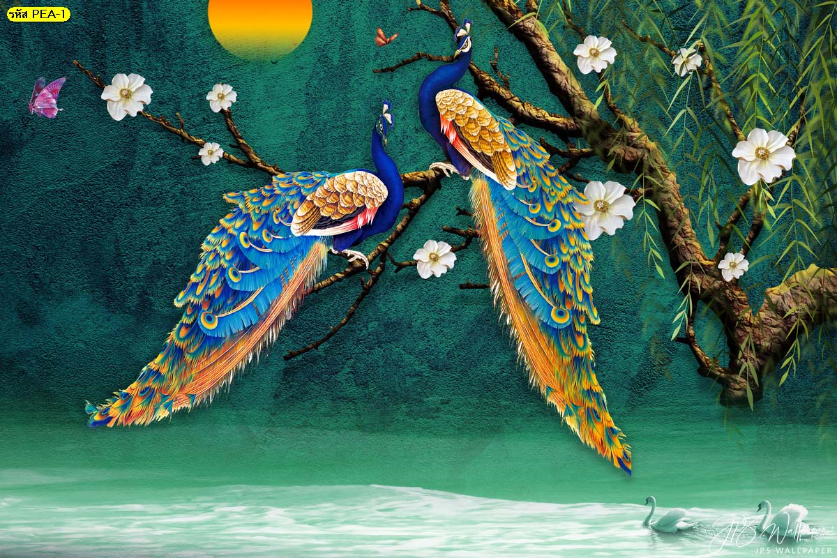 วอลเปเปอร์นกยูง ภาพนกยูงบนกิ่งดอกไม้ เสริมฮวงจุ้ย วอลเปเปอร์ลายนกยูง นกยูงคู่