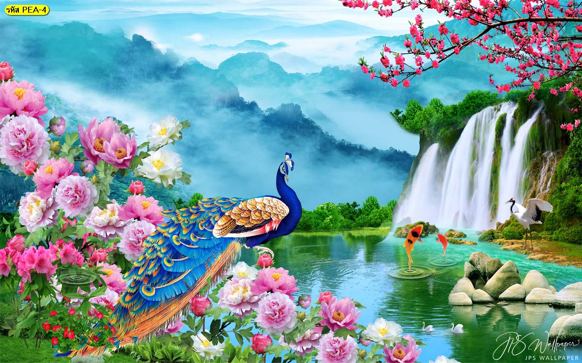 วอลเปเปอร์สั่งทำนกยูง นกยูงในสวนน้ำตก นกยูงในสวนดอกไม้ เสริมฮวงจุ้ย