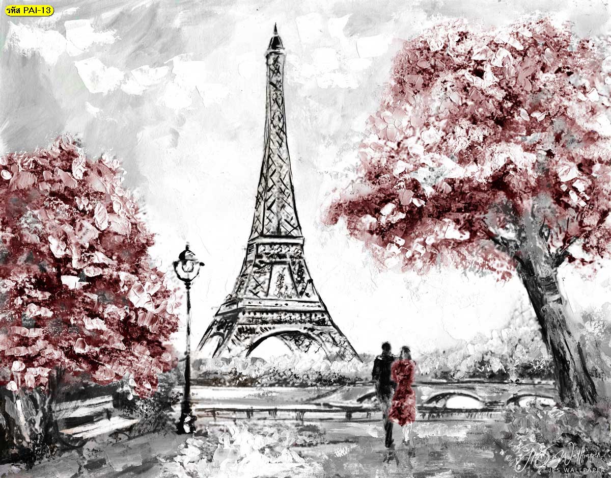 ภาพสั่งทำติดผนังลายภาพวาดศิลปะ วอลเปเปอร์ภาพวาดลายปารีสและต้นไม้สีแดง