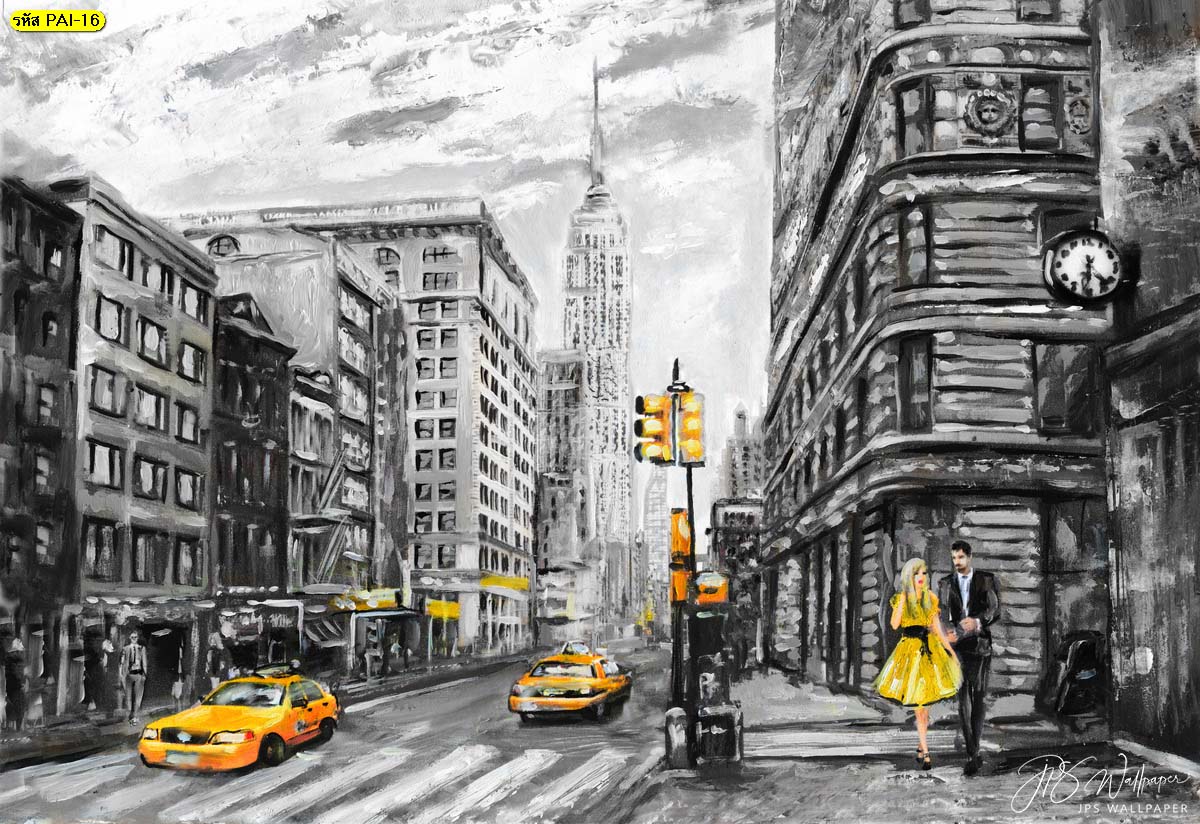สั่งทำวอลเปเปอร์ลายภาพวาดศิลปะ วอลเปเปอร์ภาพวาดลายเมืองและแท็กซี่สีเหลือง