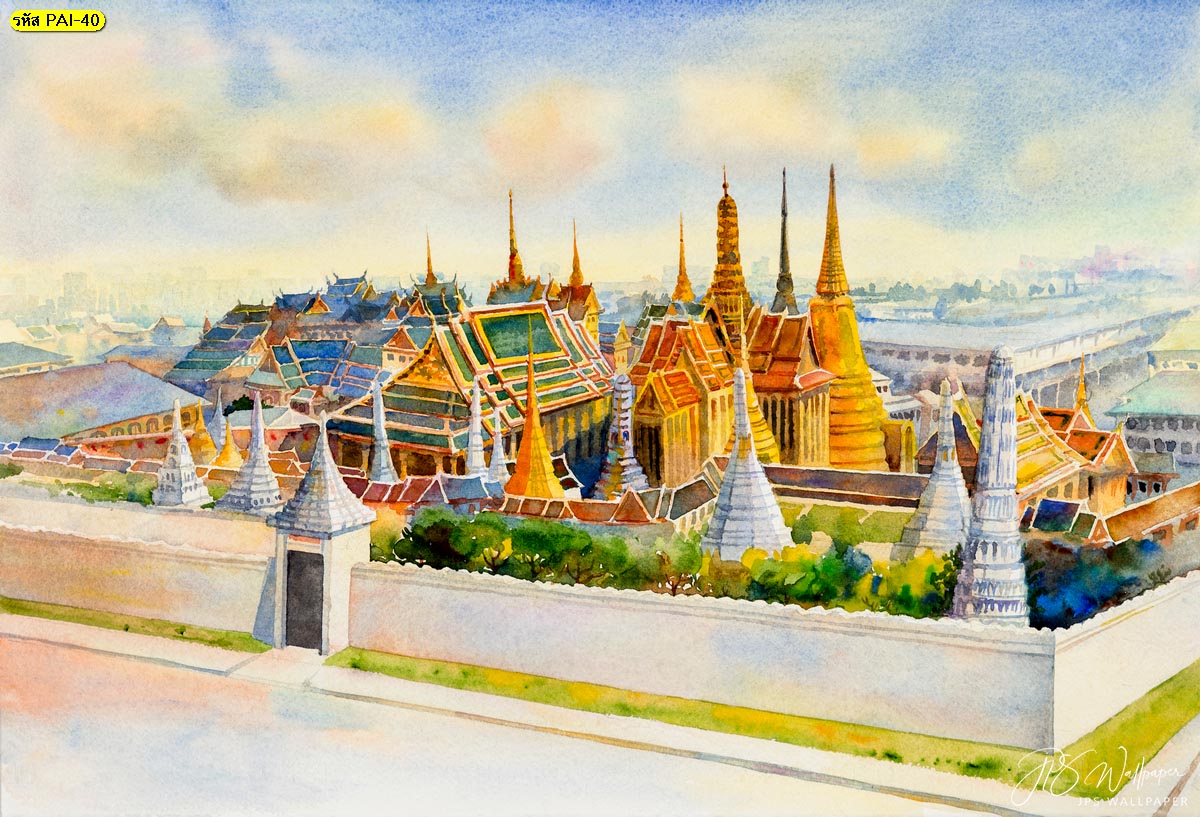 วอลเปเปอร์ติดผนังภาพวาดสีน้ำวัดพระแก้วประเทศไทย วอลเปเปอร์วัดไทย