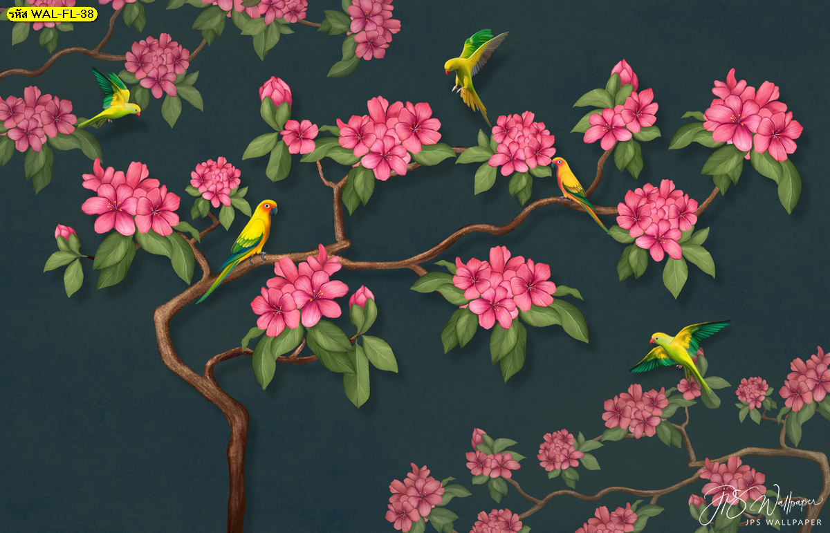 ภาพสั่งทำติดผนังห้องลายดอกไม้ชมพูและนกแก้วพื้นหลังสีดำ