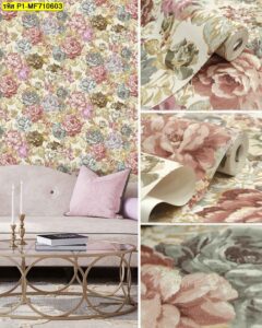 วอลเปเปอร์ลายดอกไม้สีชมพูพาสเทล สำหรับตกแต่งผนังห้องนั่งเล่นและคาเฟ่ ช่วยสร้างบรรยากาศหวานละมุน ดูสบายตา