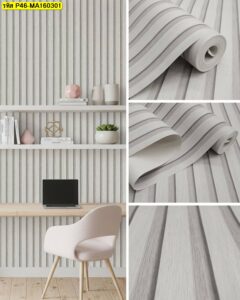 วอลเปเปอร์ลายเส้นแนวตั้งสีเทาอ่อน สำหรับตกแต่งผนังห้องทำงานและคอนโด ช่วยเพิ่มมิติให้ผนังดูสูง โปร่ง และเป็นระเบียบ