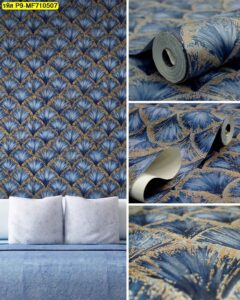 วอลเปเปอร์ลายกราฟิกลายพัดสีทองน้ำเงิน สำหรับตกแต่งผนังห้องรับแขกและโรงแรม เพิ่มความหรูหรา มีเอกลักษณ์ และโดดเด่น