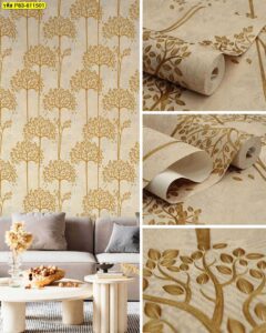 วอลเปเปอร์ลายต้นไม้สีทองสไตล์คลาสสิก เหมาะสำหรับตกแต่งผนังห้องรับแขกและโรงแรม เพิ่มความหรูหราและกลิ่นอายศิลป์