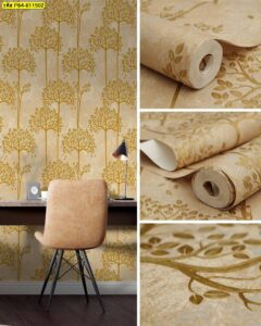 วอลเปเปอร์ลายต้นไม้สีทองสไตล์คลาสสิก เหมาะสำหรับตกแต่งผนังห้องทำงานและห้องรับแขก เพิ่มความหรูหรา อบอุ่น และมีเอกลักษณ์