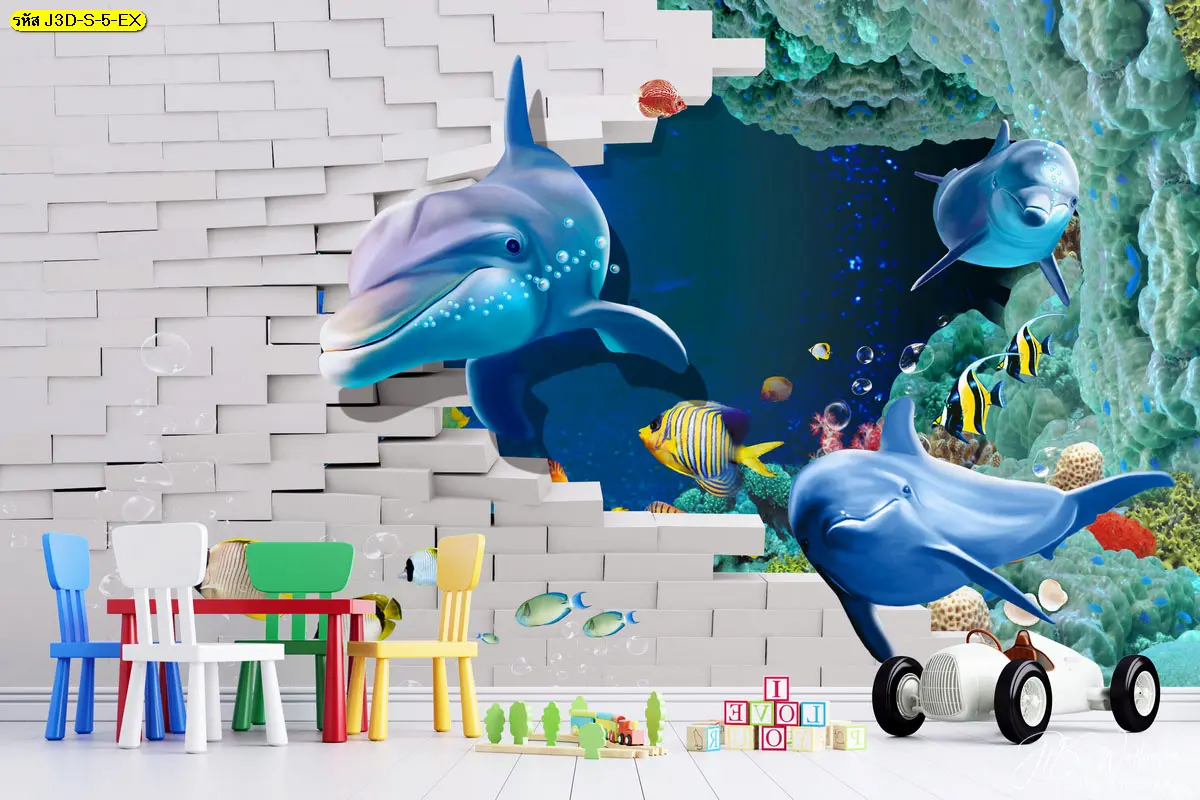 วอลเปเปอร์ติดผนังลายโลมา 3D แนวสร้างจินตนาการ สั่งพิมพ์จากโรงงานโดยตรง