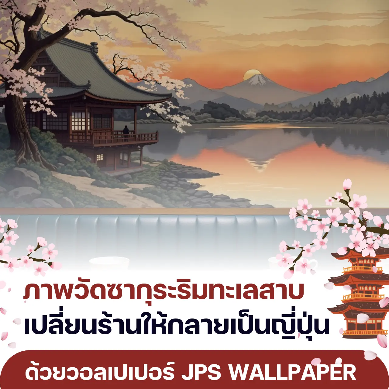 ภาพวัดซากุระริมทะเลสาบ เปลี่ยนร้านให้กลายเป็นญี่ปุ่น