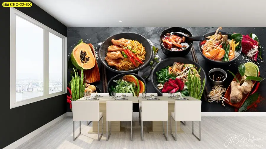 วอลเปเปอร์ติดผนังภาพอาหารไทยสไตล์ร้านอาหาร ราคาโรงงานขายส่ง