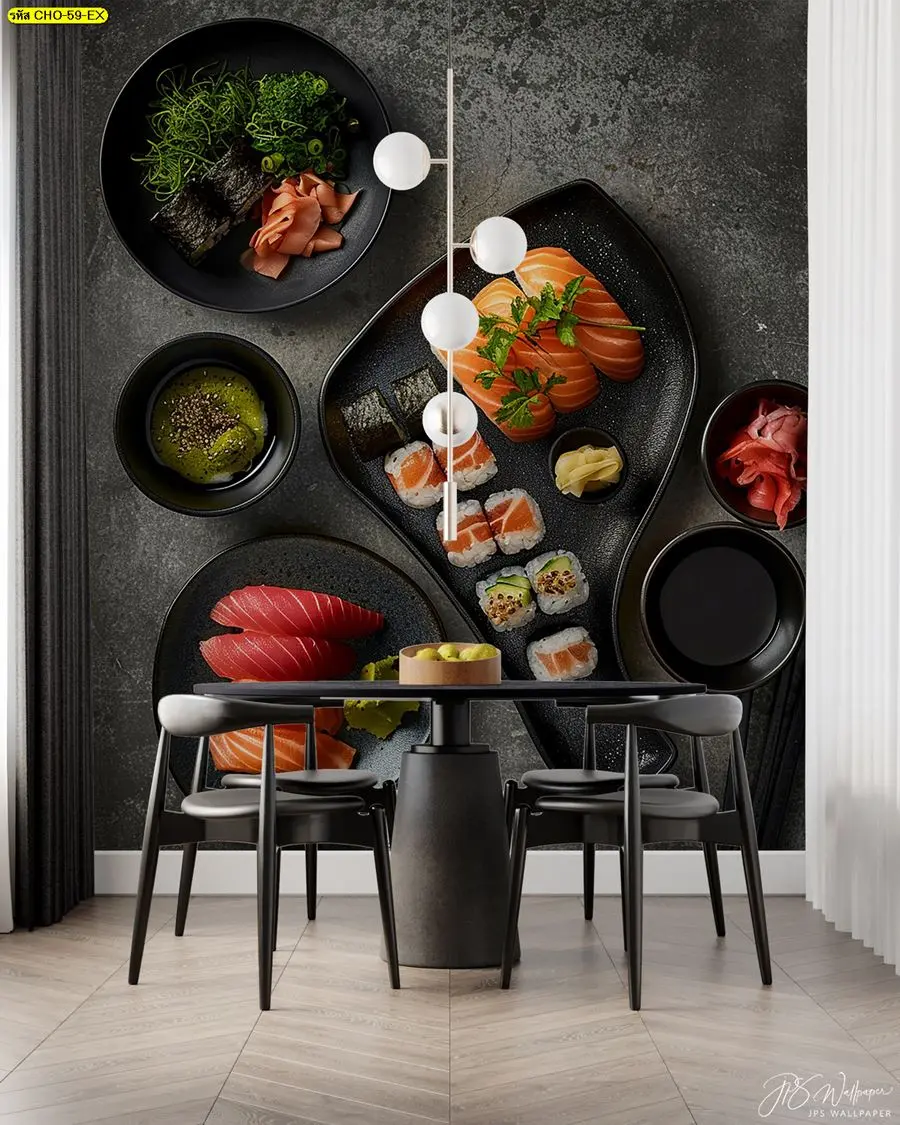 วอลเปเปอร์ภาพพิมพ์ซูชิบนจานดำ รับผลิตตกแต่งผนังร้านอาหารญี่ปุ่น
