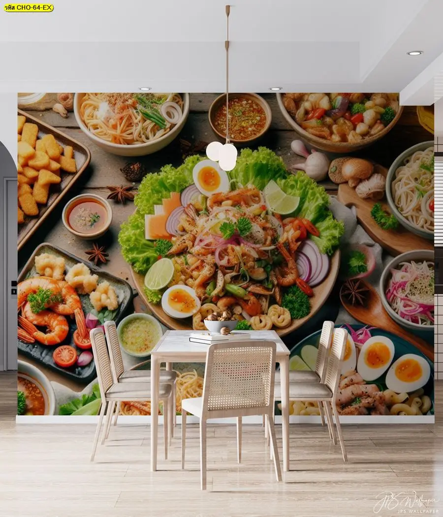 วอลเปเปอร์พิมพ์ลายอาหารอีสานจานใหญ่ รับผลิตภาพตกแต่งร้านอาหาร
