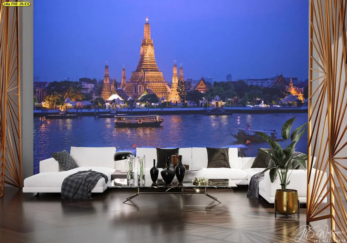 วอลเปเปอร์วิวแม่น้ำยามค่ำพร้อมเมืองแสงไฟทองสำหรับพิมพ์ตามขนาดโดยโรงงานรับสั่งผลิตวอลเปเปอร์