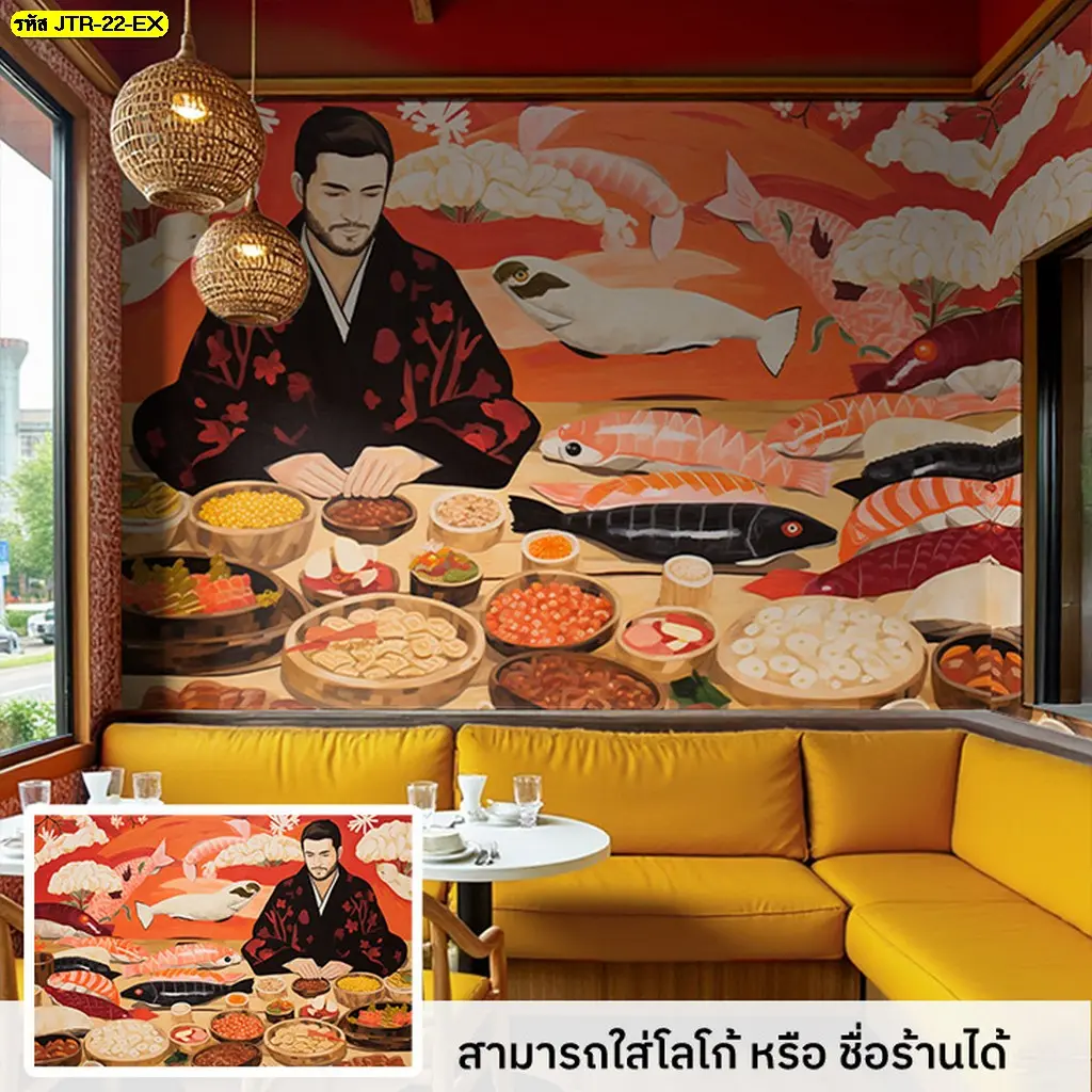วอลเปเปอร์ภาพเชฟญี่ปุ่นล้อมด้วยอาหารสไตล์โบราณพิมพ์แคนวาสตามสั่ง