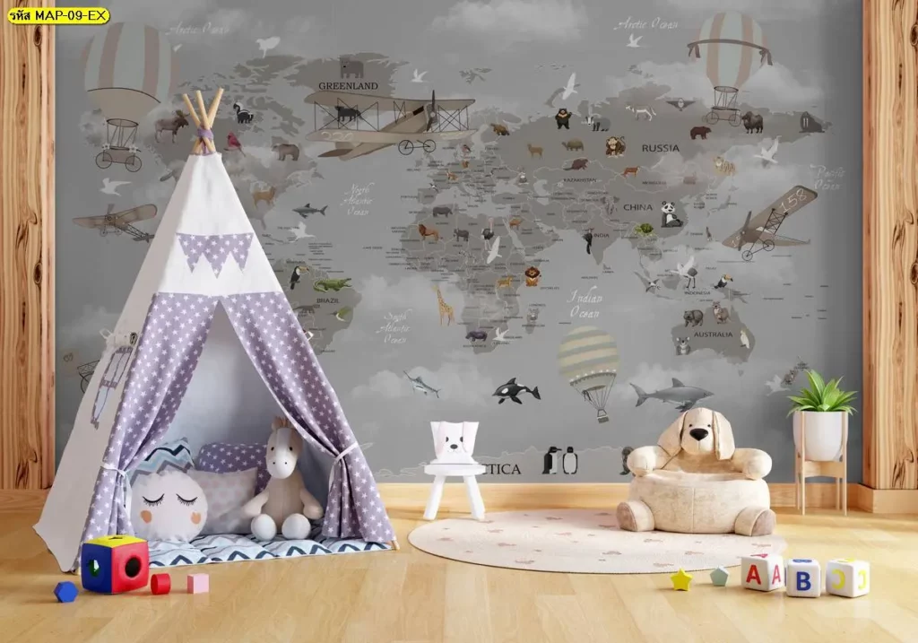 ภาพติดผนังนี้เรียกว่าภาพแผนที่โลกสัตว์ สไตล์วินเทจ