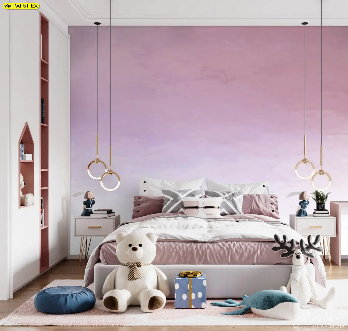 วอลเปเปอร์ท้องฟ้าไล่สีชมพูม่วงสำหรับตกแต่งห้องนอนเด็กพิมพ์ลายตามขนาดผลิตจากโรงงาน