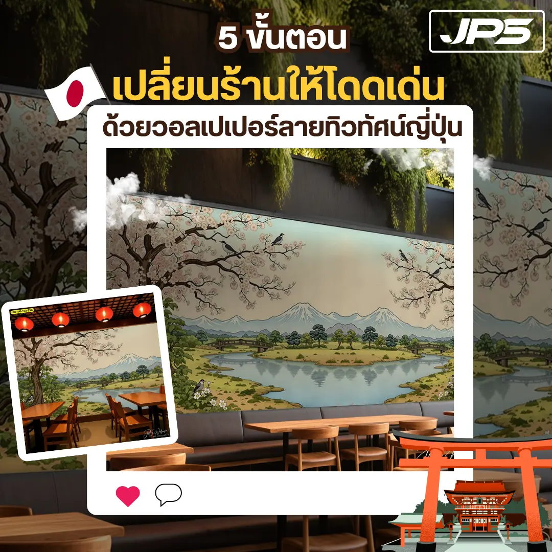 Create an authentic atmosphere with a Japanese landscape wallpaper for restaurant, a custom mural design.
