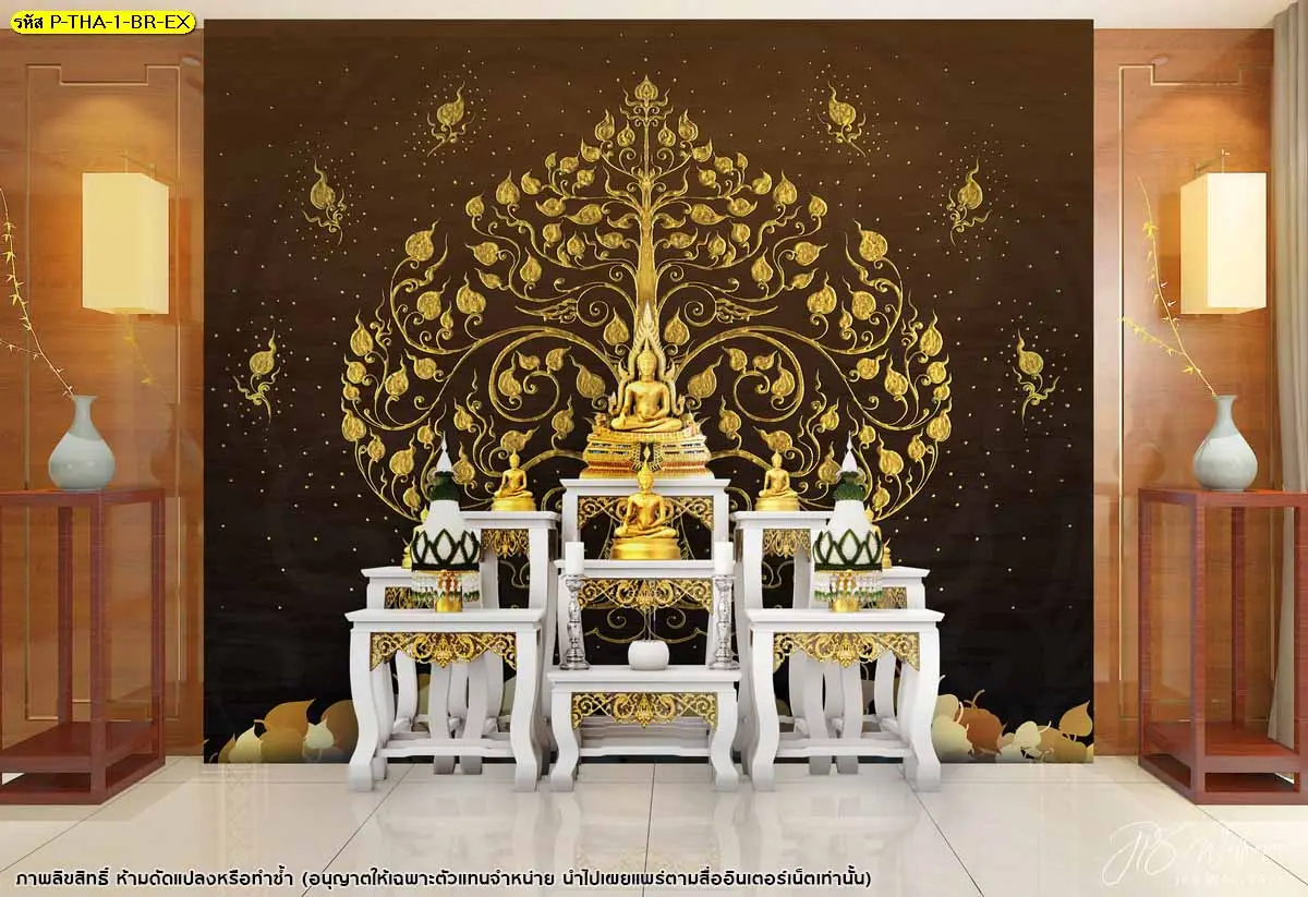 วอลเปเปอร์ลายไทยพื้นน้ำตาลทองสำหรับตกแต่งผนังบ้านสไตล์พุทธะเรียบหรูแสงธรรมชาติ